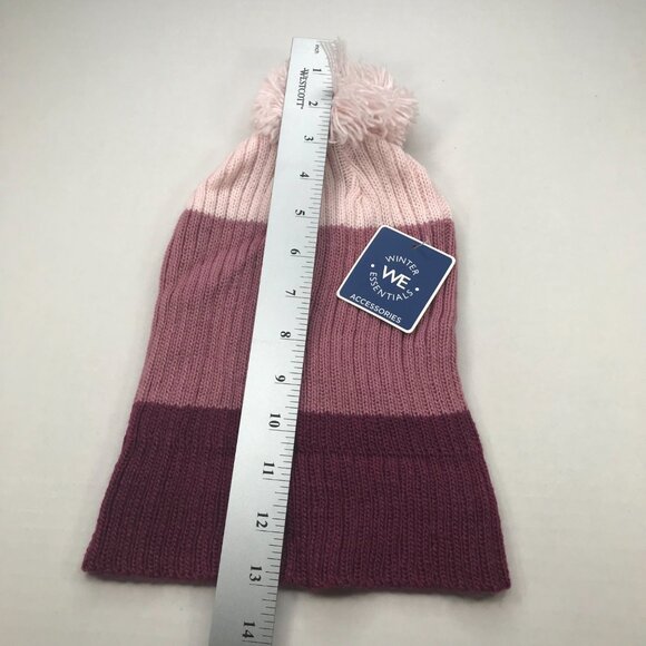 Winter Essentials Women's One Size Burgundy Stripes Knit Beanie Hat With Pom New - Picture 9 of 11
